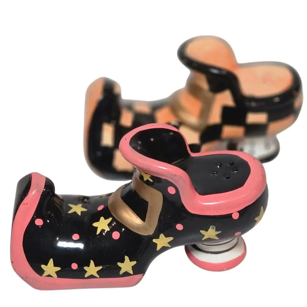 Witch Shoe Salt Pepper Shakers Mismatched Harlequin Stars Halloween Whimsical